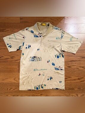 Bobby Jones Beige Polo with Blue and Teal Scenic Print